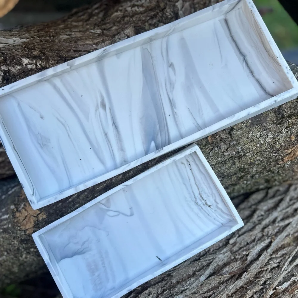 Tray Silicone Soap Dish Set, 2 Pcs White Marble Pattern, Rectangular Design with